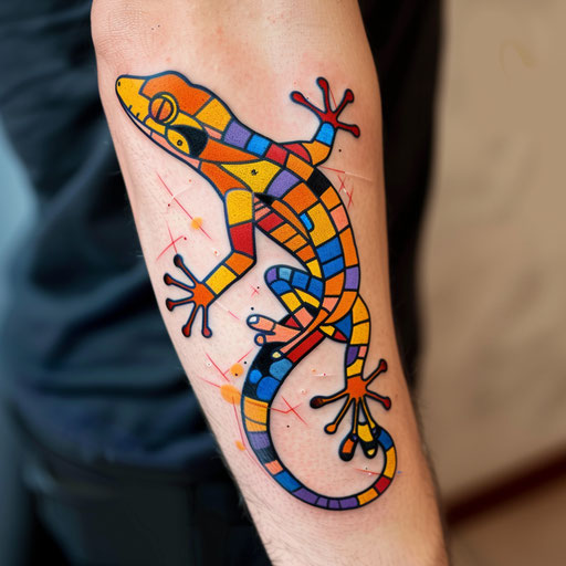 Abstract flat tattoo sketch with a gecko in vivid colors
