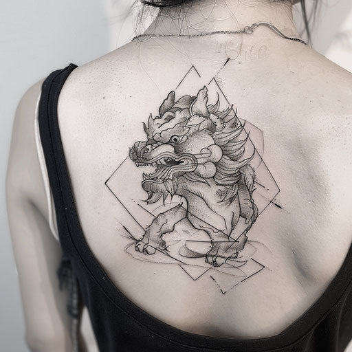 Geometric foo dog tattoo on white canvas