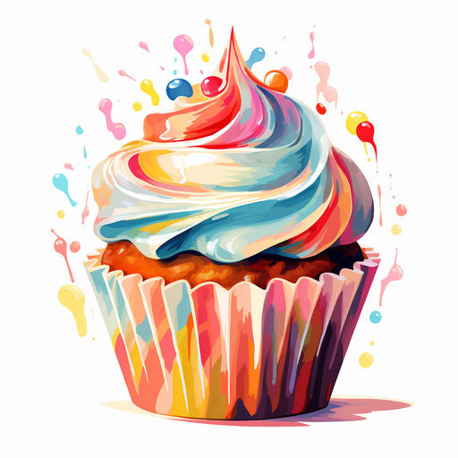 Birthday cupcake clipart in the style of Impressionistic Art, on a white background