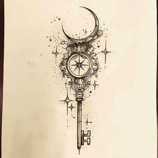 Mystical tattoo sketch of a key with celestial symbols