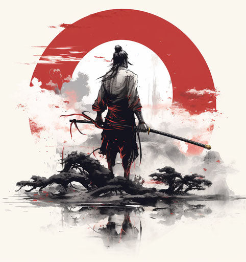 Samurai with sword stone sculpture illustration
