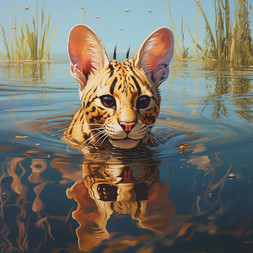 A serval cat swimming in a lake by the shore