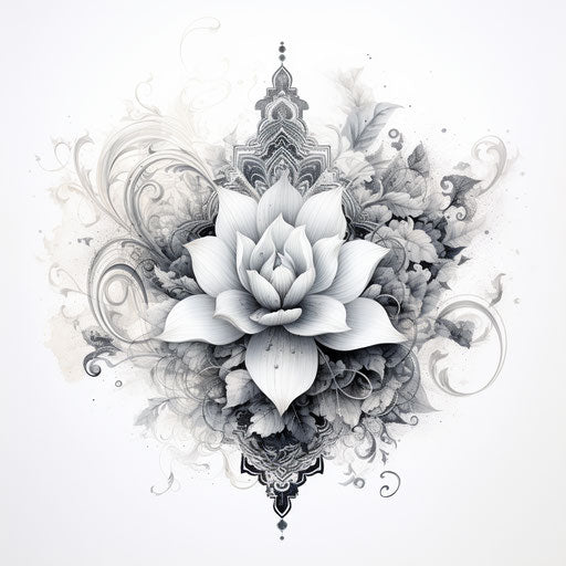 Artistic drawing of flowers and words in dotwork, minimalist ink wash