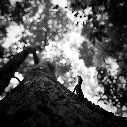 Anole lizard in front of towering trees, in the style of Laurent Baheux