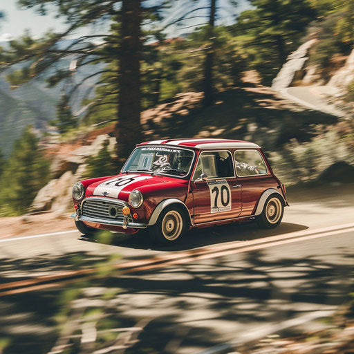 Speeding Mini Cooper 1980 hill climb racer