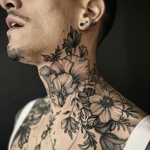 Men's neck tattoo with detailed botanical illustrations