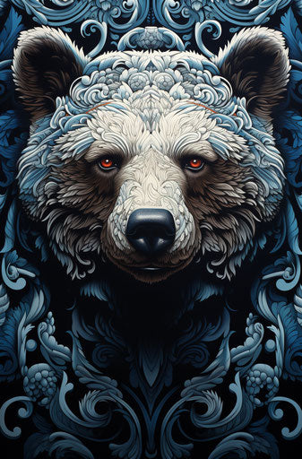 Bear in black and white, intricate details, complex patterns