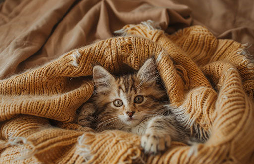 Joyful and whimsical kitten on a beige and amber blanket