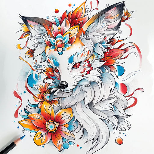 Festive flat tattoo sketch of a kitsune adorned with traditional Japanese festival motifs and vibrant colors