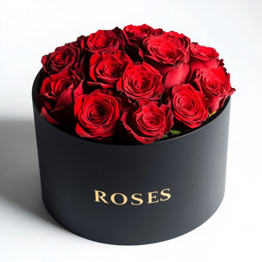 Round black box with red roses and gold logo
