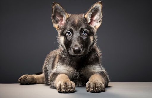 German shepherd puppy on white background, dark silver and light red style