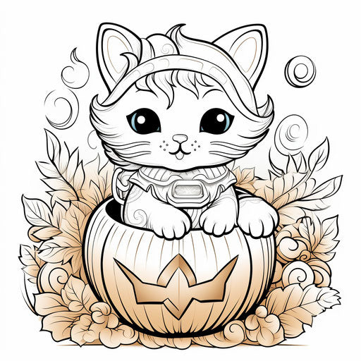 Cat in pumpkin, accurate and detailed coloring page, simplified, toyism