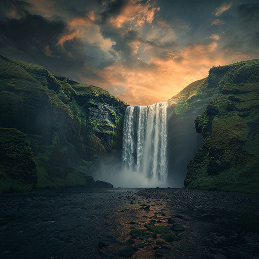 Skogafoss waterfall with strong flow and moody atmosphere