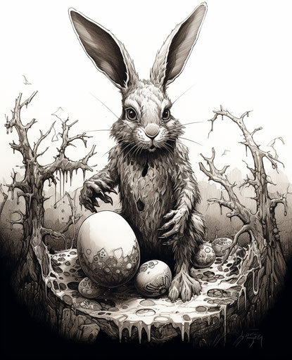 Easter bunny with empty egg, heavy inking style