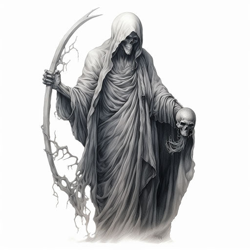 Austere reaper moon and scythe tattoo design