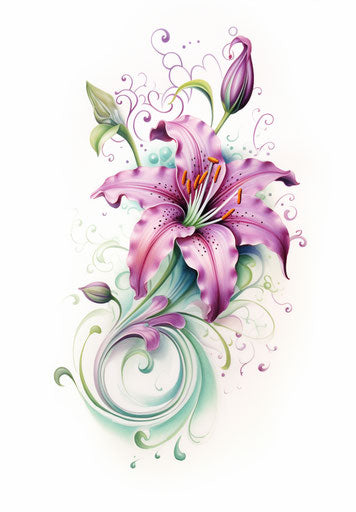 Pink lily with tattoo-style swirls and flower designs, light purple and emerald