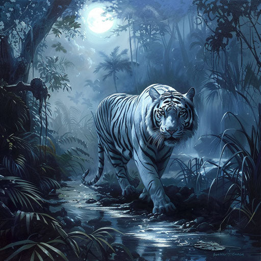 White tiger under moonlight in the mystical forest