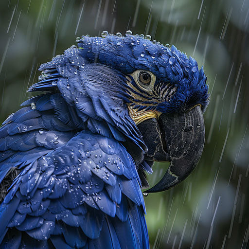 Spix's macaw seeking shelter in tropical rainstorm