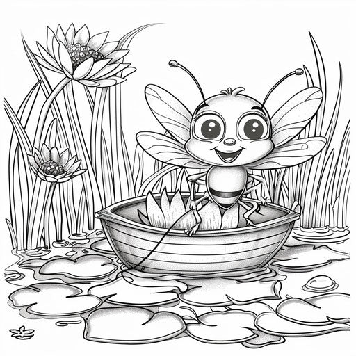 A playful bee on a leaf boat in a pond