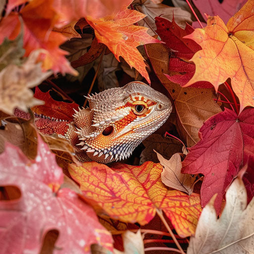 Bearded dragon peering through autumn leaves cluster