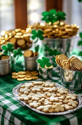 St. Patrick's Day Celebration: Decorated Table with Gold Coins and Shamrock Cookies