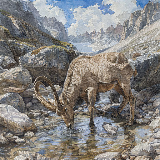 Ibex drinking from a clear mountain stream, Burrard-Lucas style