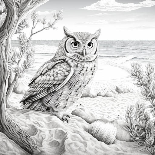 Owl on the beach, free hand drawn vector