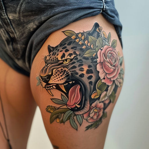 Thigh tattoo with a fierce panther, Ami James style