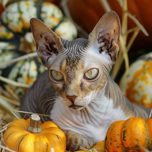 Cornish Rex cat resting with pumpkins