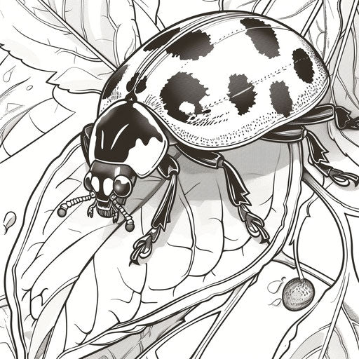 Ladybug on a leaf, detailed cartoon drawing