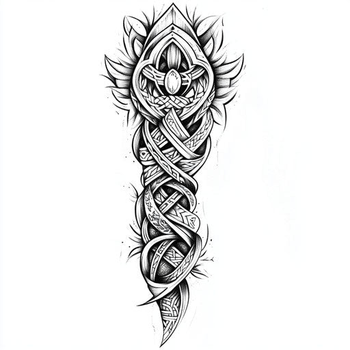 Viking sleeve tattoo with Celtic knots on white background