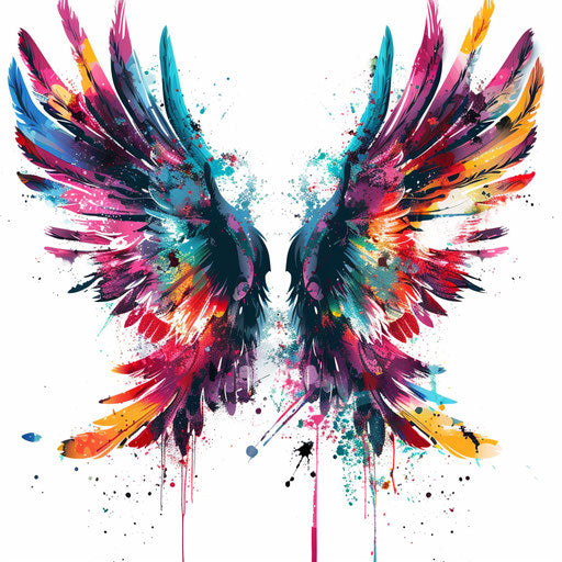 Vibrant graffiti style wings tattoo illustration with bold colorful splatters on white backdrop