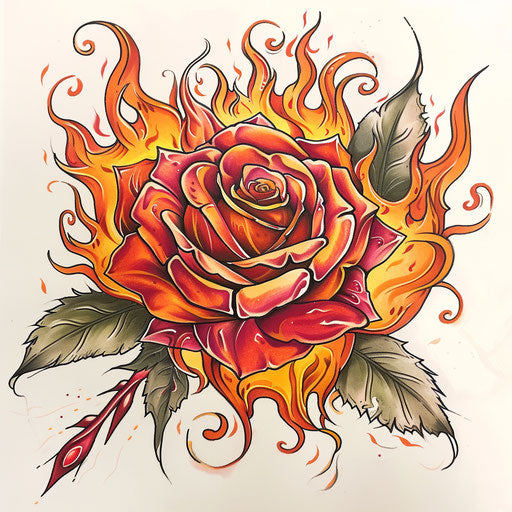 Energetic flat tattoo sketch of a gypsy rose with vibrant, dancing flames