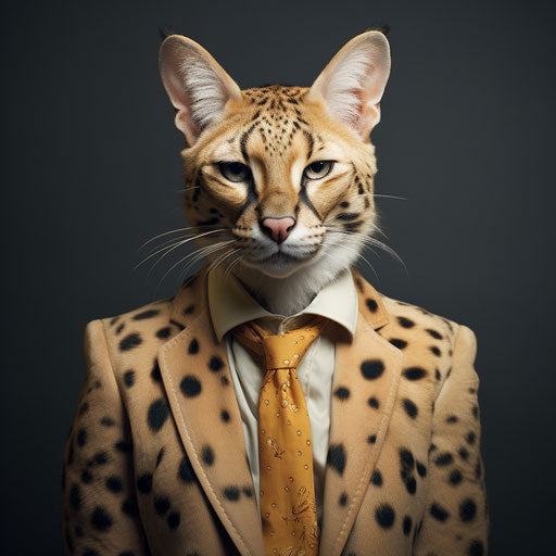 A serval dressed like a man