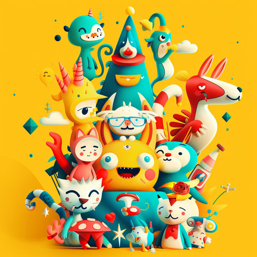 Whimsical company logo with playful characters and bright colors