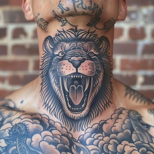 Neck tattoo with a fierce lion head, in the style of Ami James