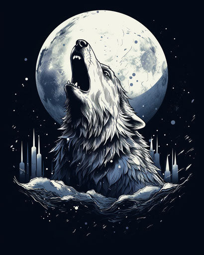 Howling wolf in the moon with splashes, classic tattoo style