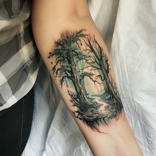 Enchanted forest with curse mark tattoo and mystical creatures