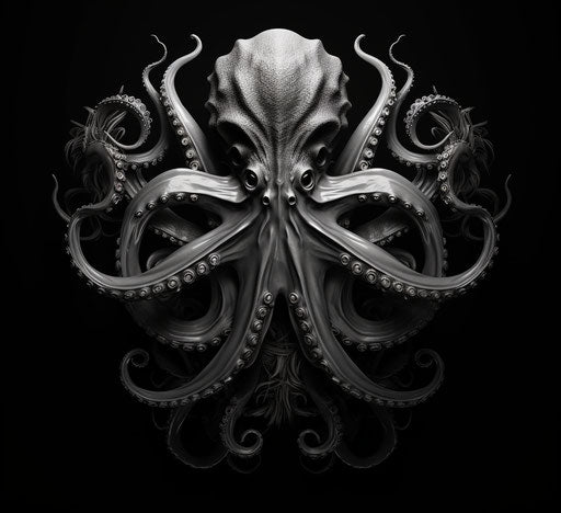 Octopus silhouette in black and white, detailed hyperrealism style