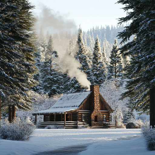 Winter cabin surrounded by snow-laden pine trees