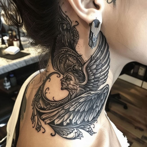 Side neck tattoos of a dark angel, Gerald Brom style