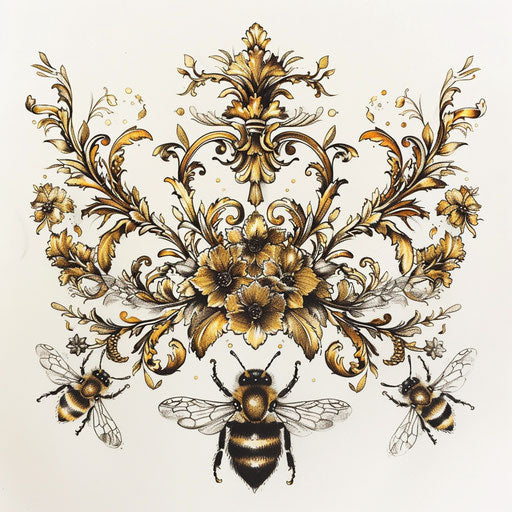 Baroque-inspired honey tattoo with ornate bees and floral motifs, rich golds, on a white background