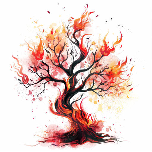 Illustration of the burning bush from Exodus, red and orange flames on white background