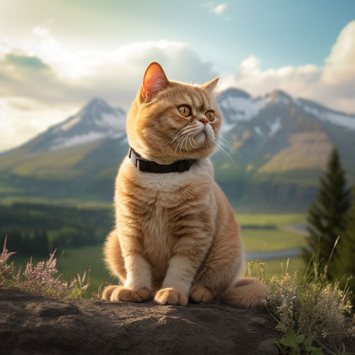Exotic shorthair cat sitting in front of mountain scenery