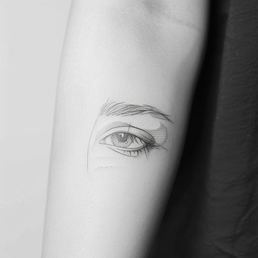 Minimalist tattoo of a small, fine line eye design, elegantly set against a white backdrop.