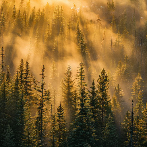 Dense whitebark pine forest lit up by sunrise