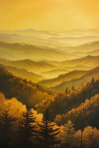 Monochromatic yellow sunset in the blue mountains 2:3