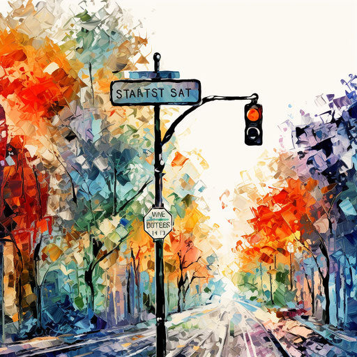 Street sign artwork in Impressionistic Art style, white bg
