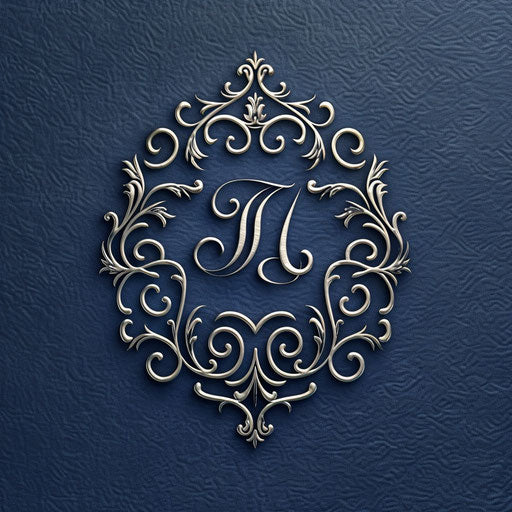 Elegant logo with monogram and delicate filigree, silver and royal blue