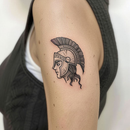 Small tattoos for women in the style of David Palumbo with a small warrior helmet